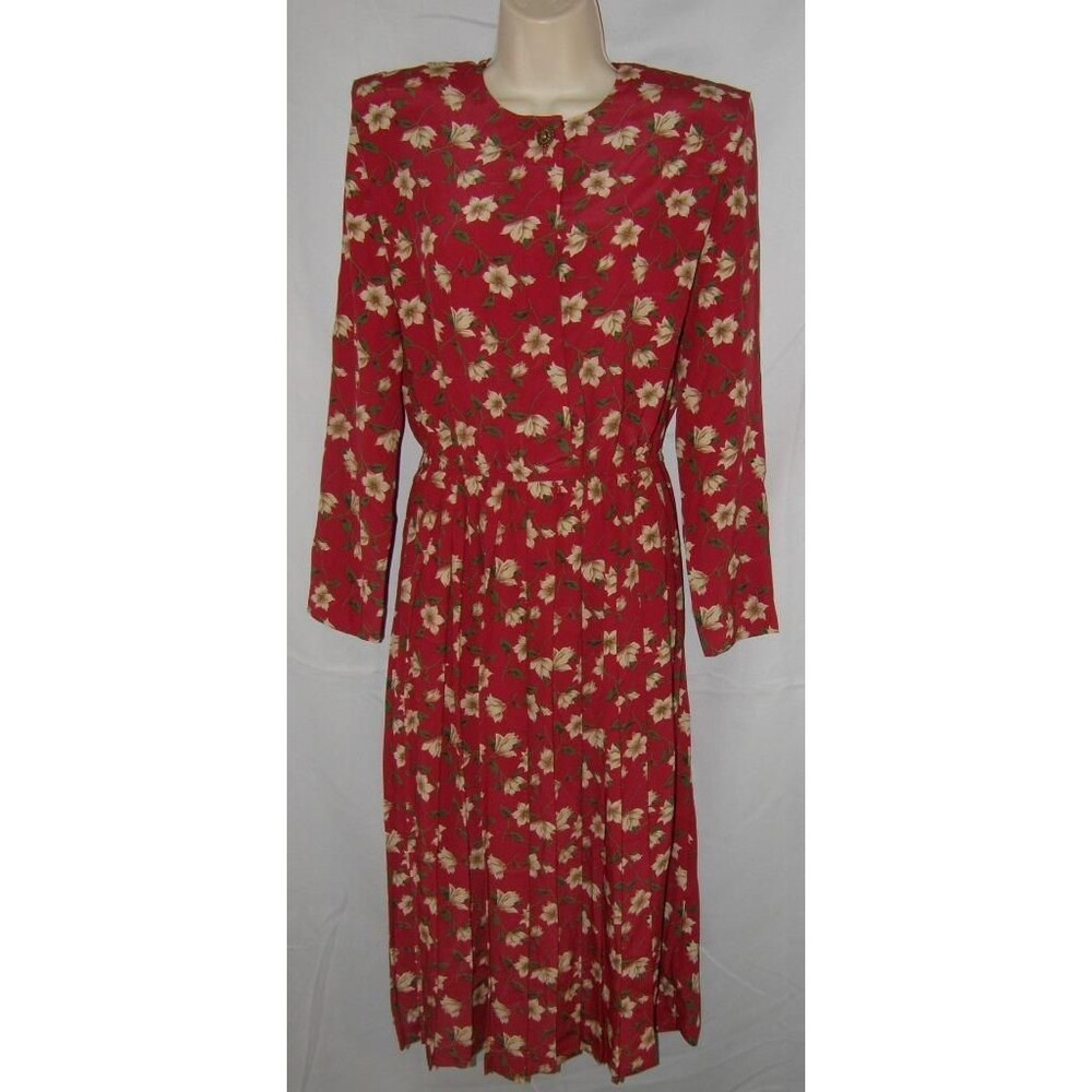 Vintage Red Floral Sz 8 Church Office Elastic Waist Pleated Dress LESLIE FAY